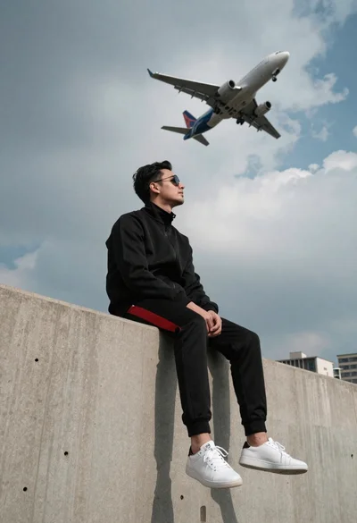 Man sitting on concrete barrier under airplane against cloudy sky