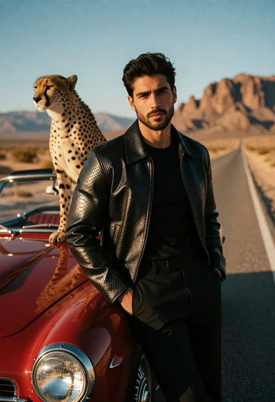 Man with cheetah beside vintage red convertible on desert highway