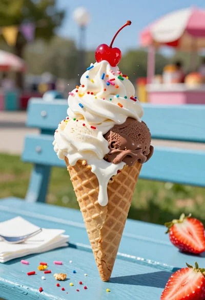 Close up of melting vanilla and chocolate ice cream on a waffle