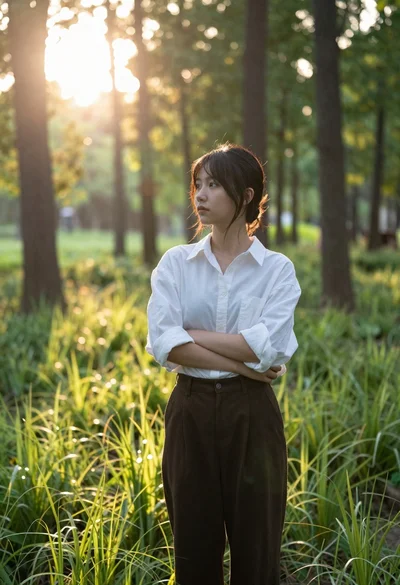 Young woman in white shirt standing in sundrenched forest clearing