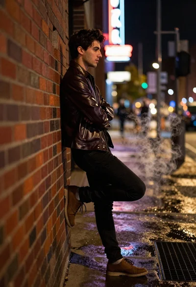 Man leaning against brick wall at night with neon lights
