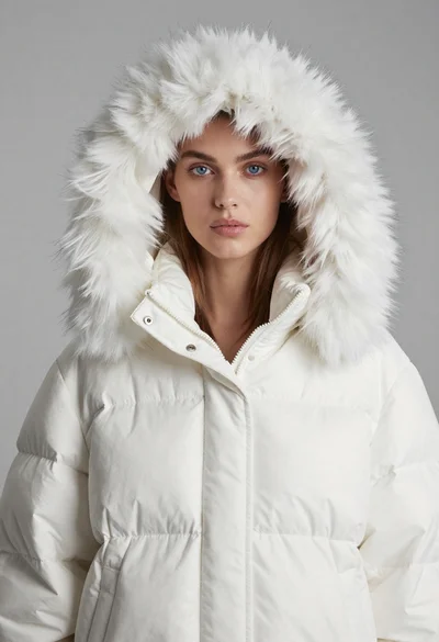 Fashion portrait of model in white puffer jacket