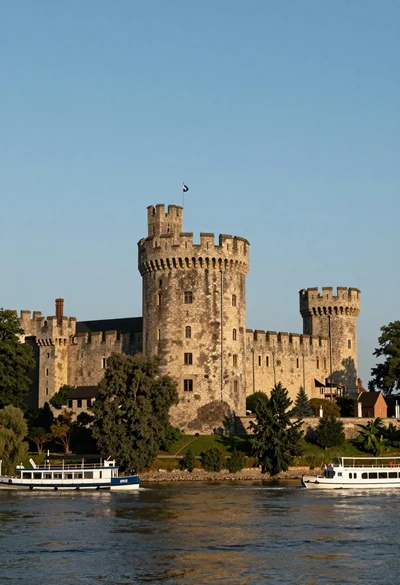 Majestic medieval stone castle overlooking wide river at golden hour