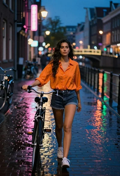 Young woman walking bicycle down wet cobblestone street at night