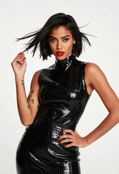Medium close up of woman with black hair in black vinyl outfit