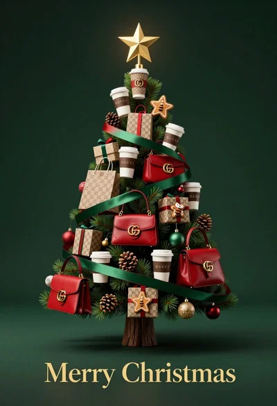 Stylized christmas tree made of luxury gucci fashion items and ornaments