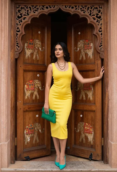 Young woman in yellow ribbed dress standing by ornate wooden doors