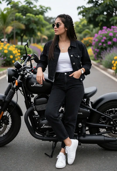 Young woman leaning on black motorcycle on paved road with green foliage
