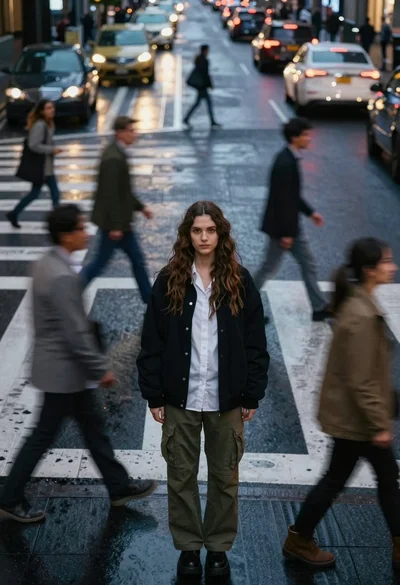 Young woman standing still in busy city crosswalk motion blur