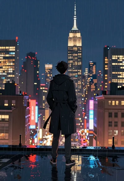 Man on wet rooftop overlooking vibrant city skyline at night