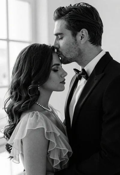 Black and white portrait of a couple embracing in intimate profile