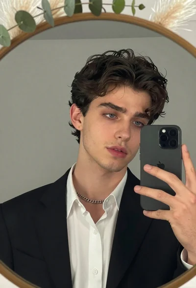 Handsome young man in black blazer taking mirror selfie indoors