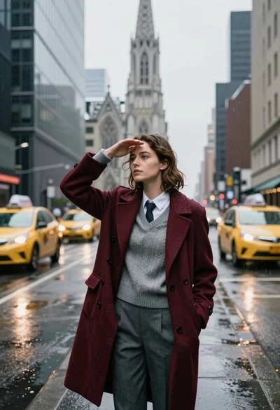Young woman shielding eyes from rain on wet city street near cathedral