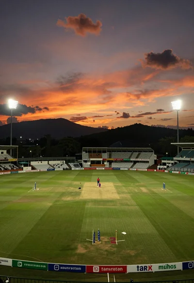 Wide angle view of cricket stadium pitch at twilight with mountains