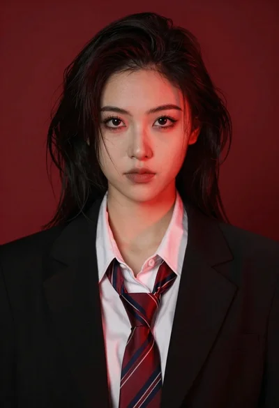 Portrait of woman in black suit jacket against solid red background