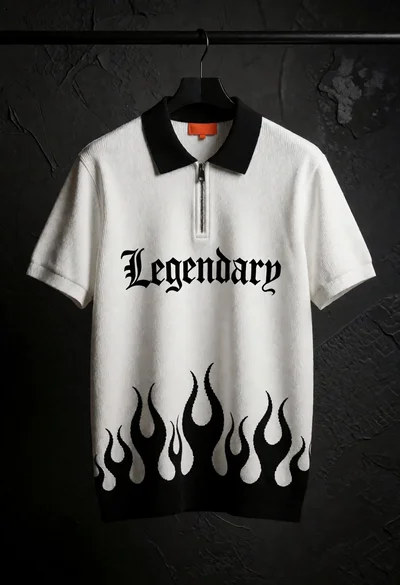 White polo shirt hanging against a dark textured concrete wall