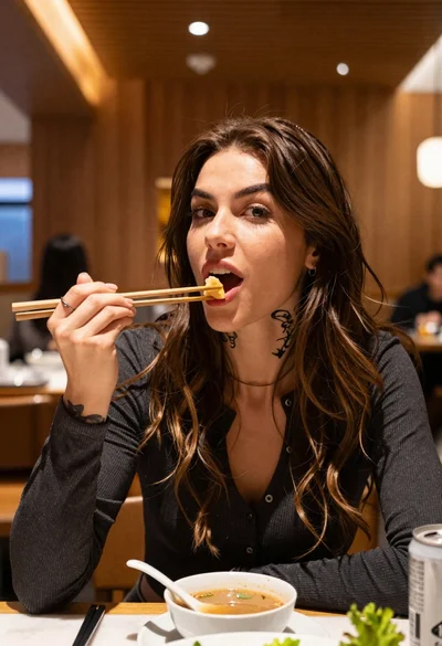 Woman eating food with chopsticks in modern restaurant setting
