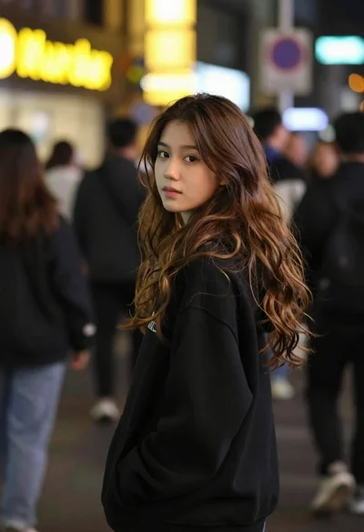 Young woman looking over shoulder on busy city street at night