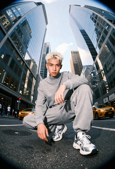 Low angle shot of young man in tracksuit among towering city skyscrapers