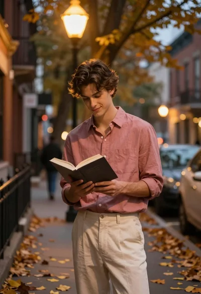 Young man reading book on autumn city street under warm streetlamp glow