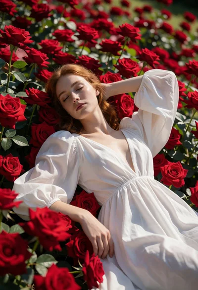 Fair skinned woman resting head on vibrant red roses in a floral