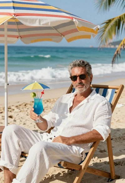 Man relaxing on beach chair by turquoise ocean