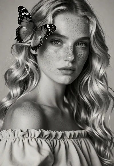 High fashion black and white portrait of blonde woman with butterfly on