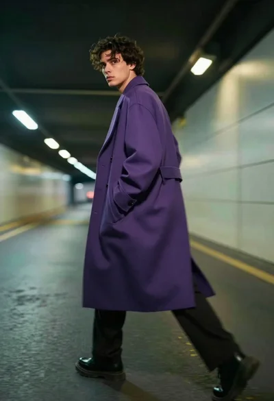 Man in purple coat walking through blurred urban tunnel