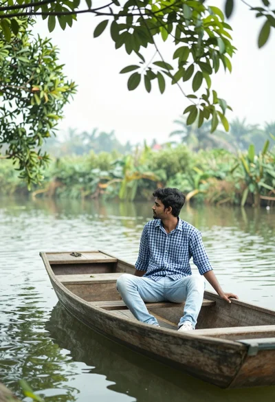 Man in wooden boat on calm lake surrounded by lush green vegetation
