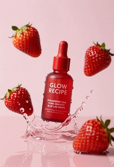 Red cosmetic bottle suspended in water splash with strawberries on pink background