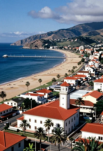 Aerial view of coastal town with white building red roof and blue