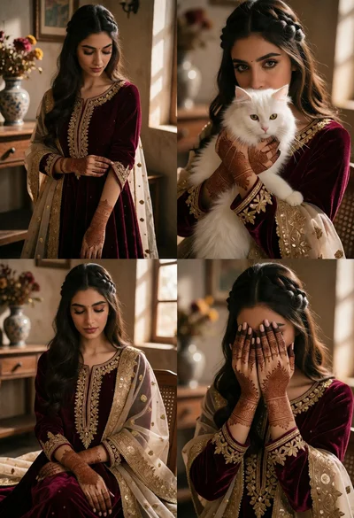 Collage of four photos featuring south asian bride in burgundy velvet attire