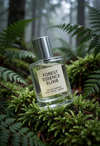 Clear perfume bottle resting on vibrant green moss in a misty forest