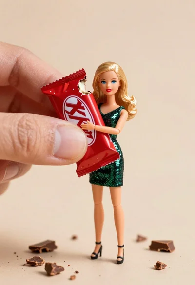Miniature blonde doll hugging kitkat bar held by giant thumb