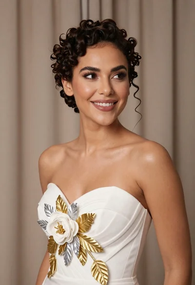 Medium close up portrait of woman in white gown with floral appliqué