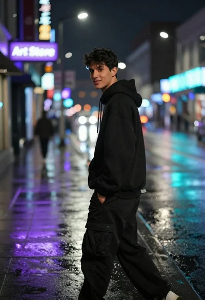 Young man in black hoodie standing on rainy city street at night