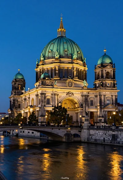 Majestic cathedral with green dome seen from across a wide stone bridge