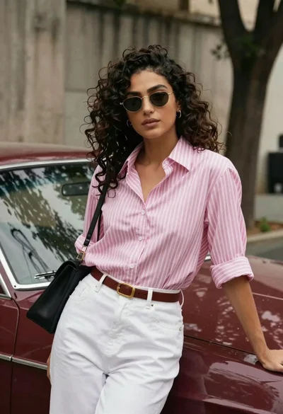 Stylish woman leaning on vintage maroon car in urban street setting