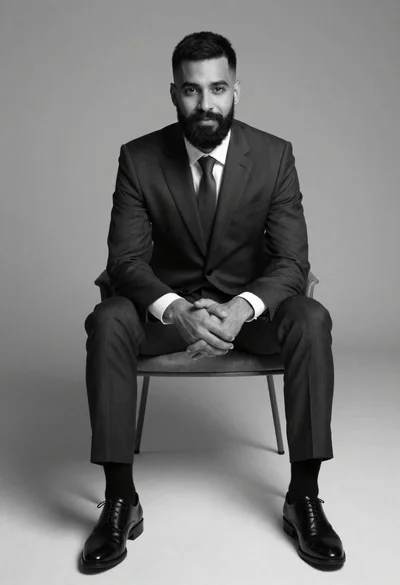 Man in tailored suit seated in minimalist studio