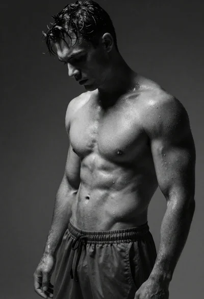 Black and white portrait of muscular man with wet skin
