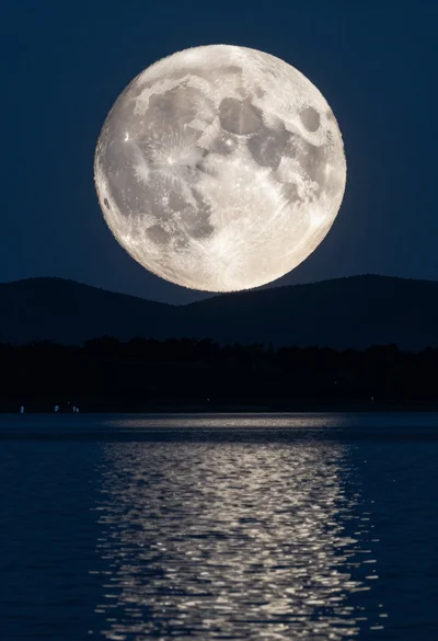 Colossal full moon rising over dark silhouetted landscape reflecting on water