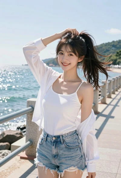 Young woman in white top and denim shorts on seaside promenade