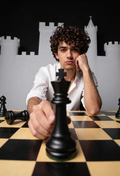 Young man holding large black king piece on glossy chessboard studio setting