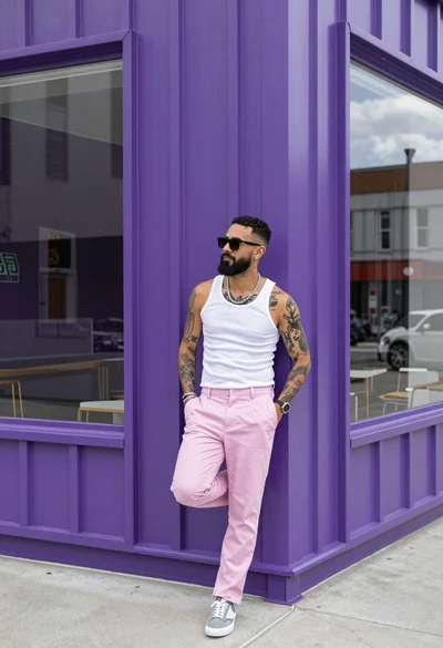 Man leaning against purple corrugated metal wall near large glass window