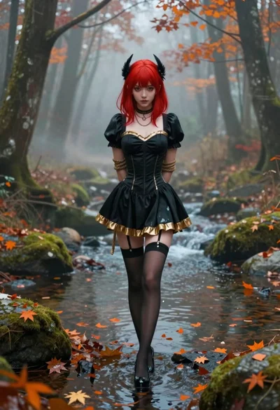Anime woman in black dress in a misty forest stream