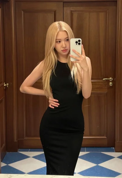 Blonde woman taking a mirror selfie in black dress indoors