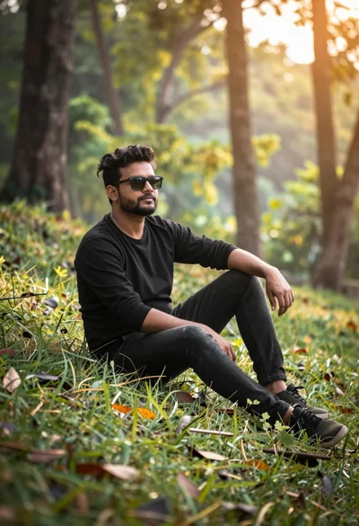 Man sitting casually in sundrenched forest clearing with warm light