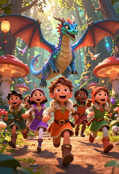 Diverse children running through magical forest near giant sparkling dragon