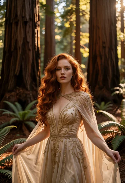 Woman in champagne gown standing among towering redwood trees forest