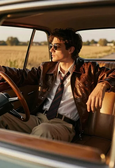 Young man in vintage car looking out at golden field